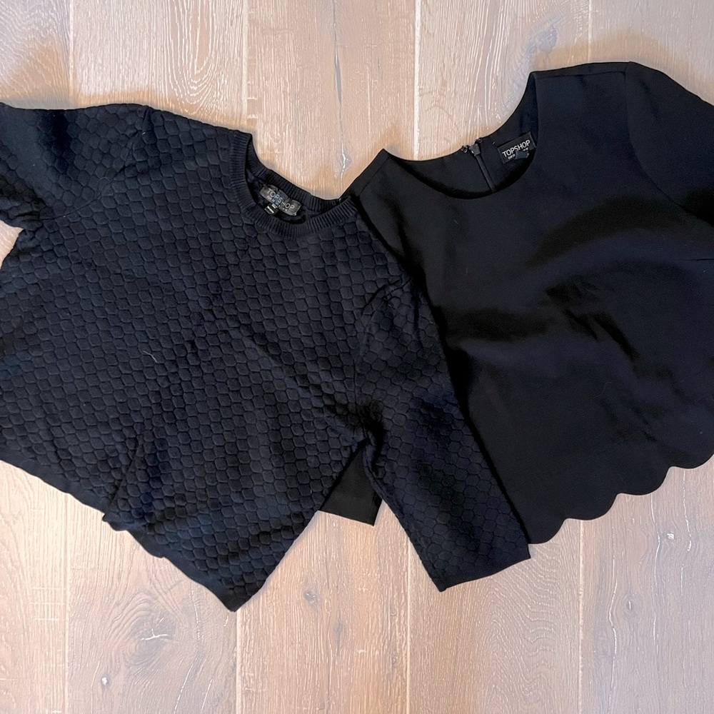 Top Shop Black Crop Top Bundle 3/4 Length Sleeves 1 Scalloped Edge 1 Quilted S 6